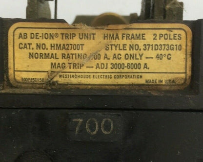 WESTINGHOUSE HMA2700T AB DE-ION TRIP UNIT 2POLE 700AMP 371D373G10