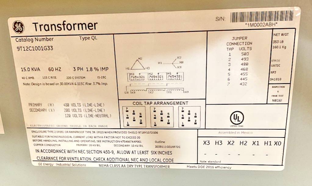 GENERAL ELECTRIC 9T12C1001G33 TRANSFORMER 480V 15KVA 60HZ 3PH TYPE QL