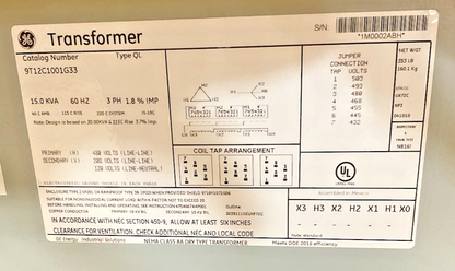 GENERAL ELECTRIC 9T12C1001G33 TRANSFORMER 480V 15KVA 60HZ 3PH TYPE QL