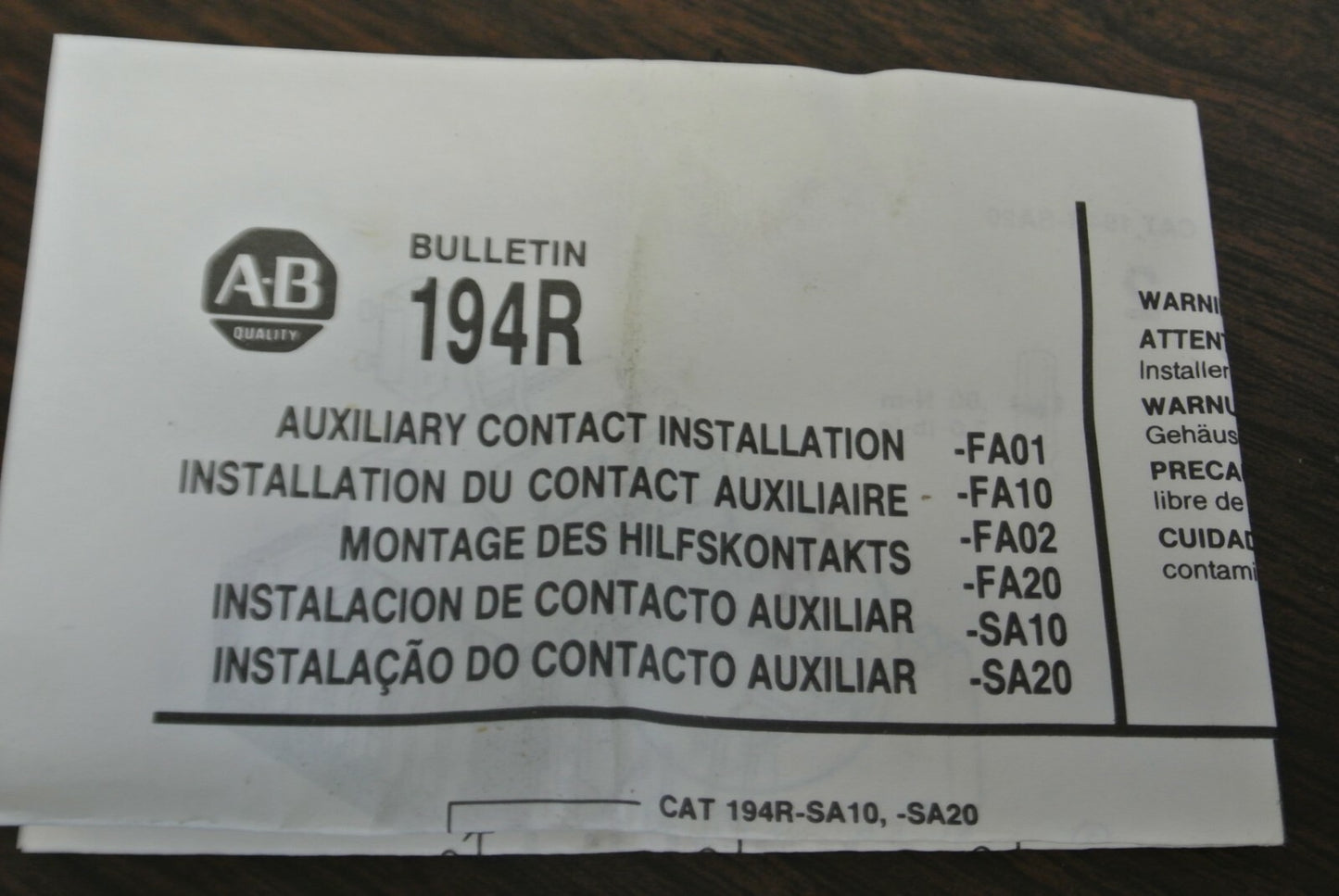 ALLEN-BRADLEY 194R-FA01 / AUXILIARY CONTACT / 1 N.C. / NEW SURPLUS