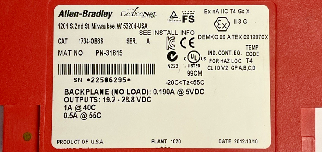 ALLEN BRADLEY 1734-OB8S DIGITAL OUTPUT MODULE SER A OUTPUT 19.2-28.8VDC