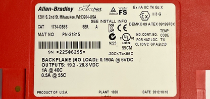 ALLEN BRADLEY 1734-OB8S DIGITAL OUTPUT MODULE SER A OUTPUT 19.2-28.8VDC