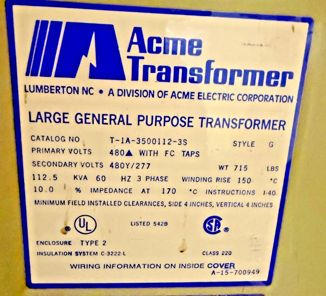 ACME T-1A-350012-3S TRANSFORMER 480V PRIM/SEC. 480Y/277 DELTA DELTA 112.5KVA