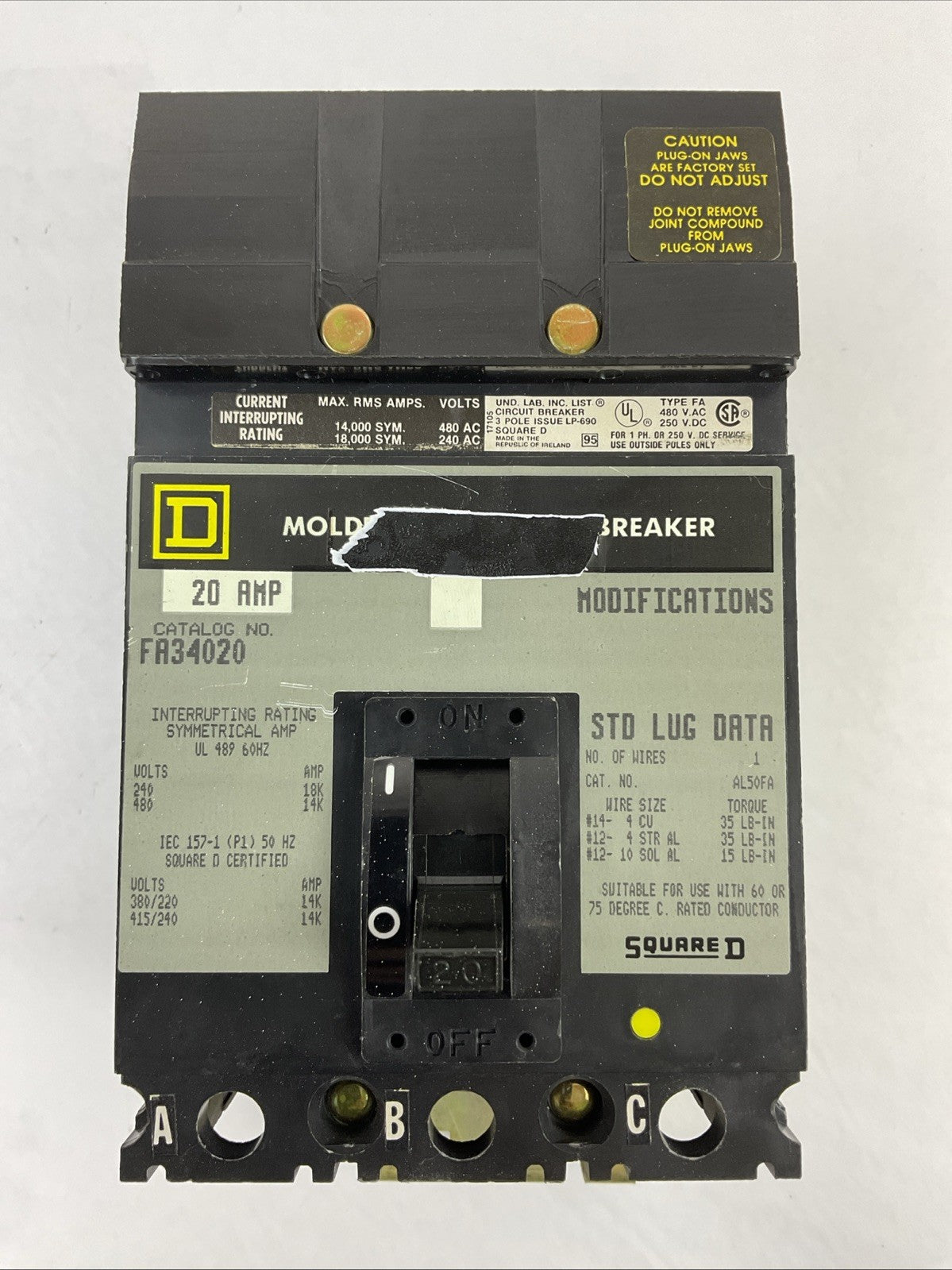 SQUARE D FA34020 CIRCUIT BREAKER 20A 3POLE 480VAC
