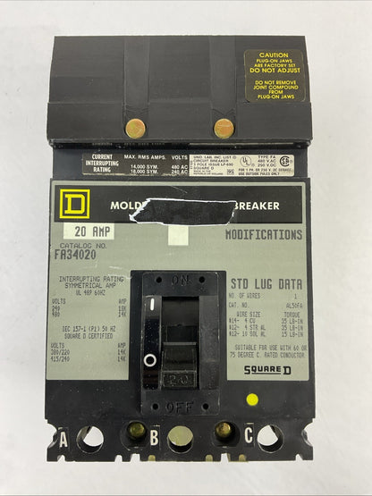 SQUARE D FA34020 CIRCUIT BREAKER 20A 3POLE 480VAC