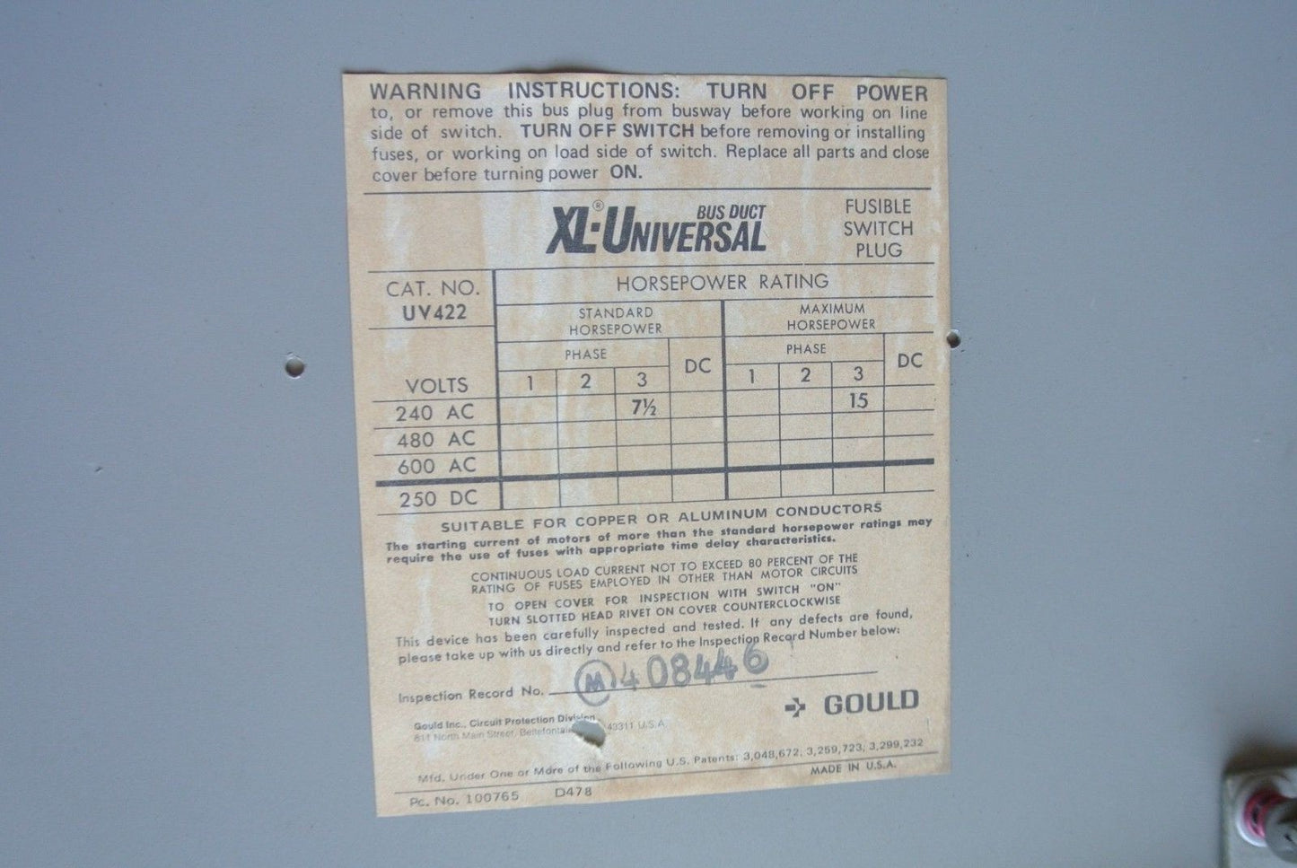 I-T-E UV422 - FUSIBLE BUS PLUG - 240V, 60A