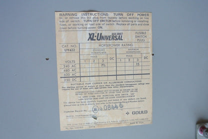I-T-E UV422 - FUSIBLE BUS PLUG - 240V, 60A
