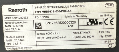 REXROTH MHD093B-058-PG0-AA 3-PHASE SYNCHRONOUS PM-MOTOR AC 600 V
