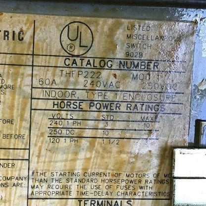 GENERAL ELECTRIC TYPE QMR PANELBOARD UNIT 60A 240V THFP222 MOD.1 250VDC
