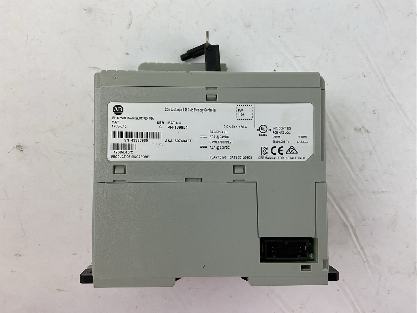 ALLEN BRADLEY 1768-L45 SER C F/W 1.05 COMPACTLOGIX L45 3MB MEMORY CONTROLLER