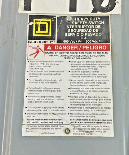 SQUARE D H361 FUSIBLE SER.F05 DISCONNECT SWITCH 30A 600VAC 600VDC