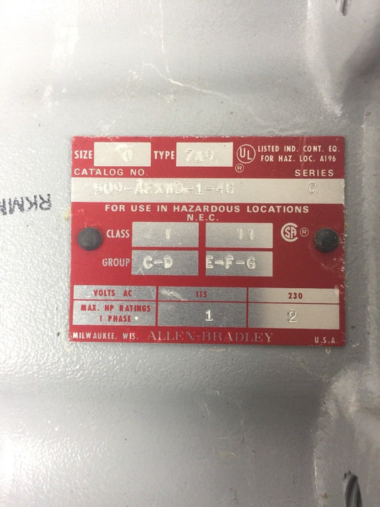 ALLEN BRADLEY 509-AEXWD-1-4G SINGLE PHASE MAGNETIC MOTOR CONTROLLER SIZE 0