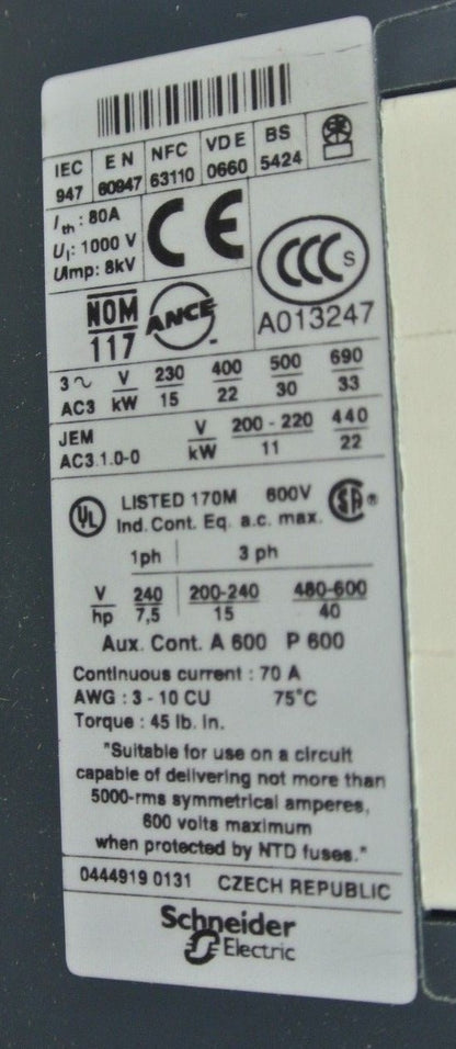 TELEMECANIQUE LC1D50BD - CONTACTOR - 22 kW-400V - 40HP-460V NEW SURPLUS