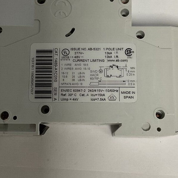 ALLEN BRADLEY 1489-A1C010 CIRCUIT BREAKER 1A 277VAC 48VDC SER.A