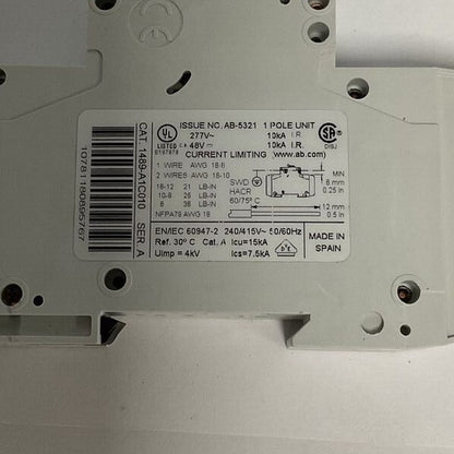 ALLEN BRADLEY 1489-A1C010 CIRCUIT BREAKER 1A 277VAC 48VDC SER.A