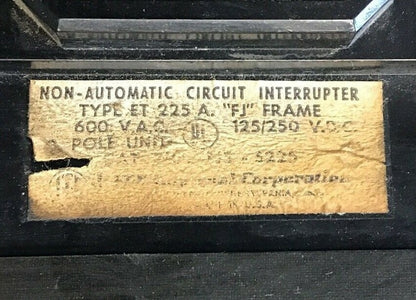 I-T-E FJ3-S225 CIRCUIT BREAKER 225A 3POLE 600VAC