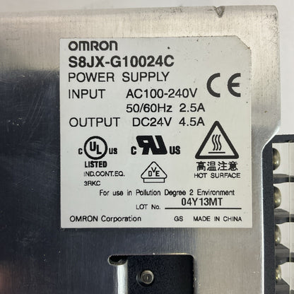 OMRON S8JX-G10024C POWER SUPPLY OUTPUT 24VDC 4.5A INPUT 100-240VAC 50/60HZ 2.5A