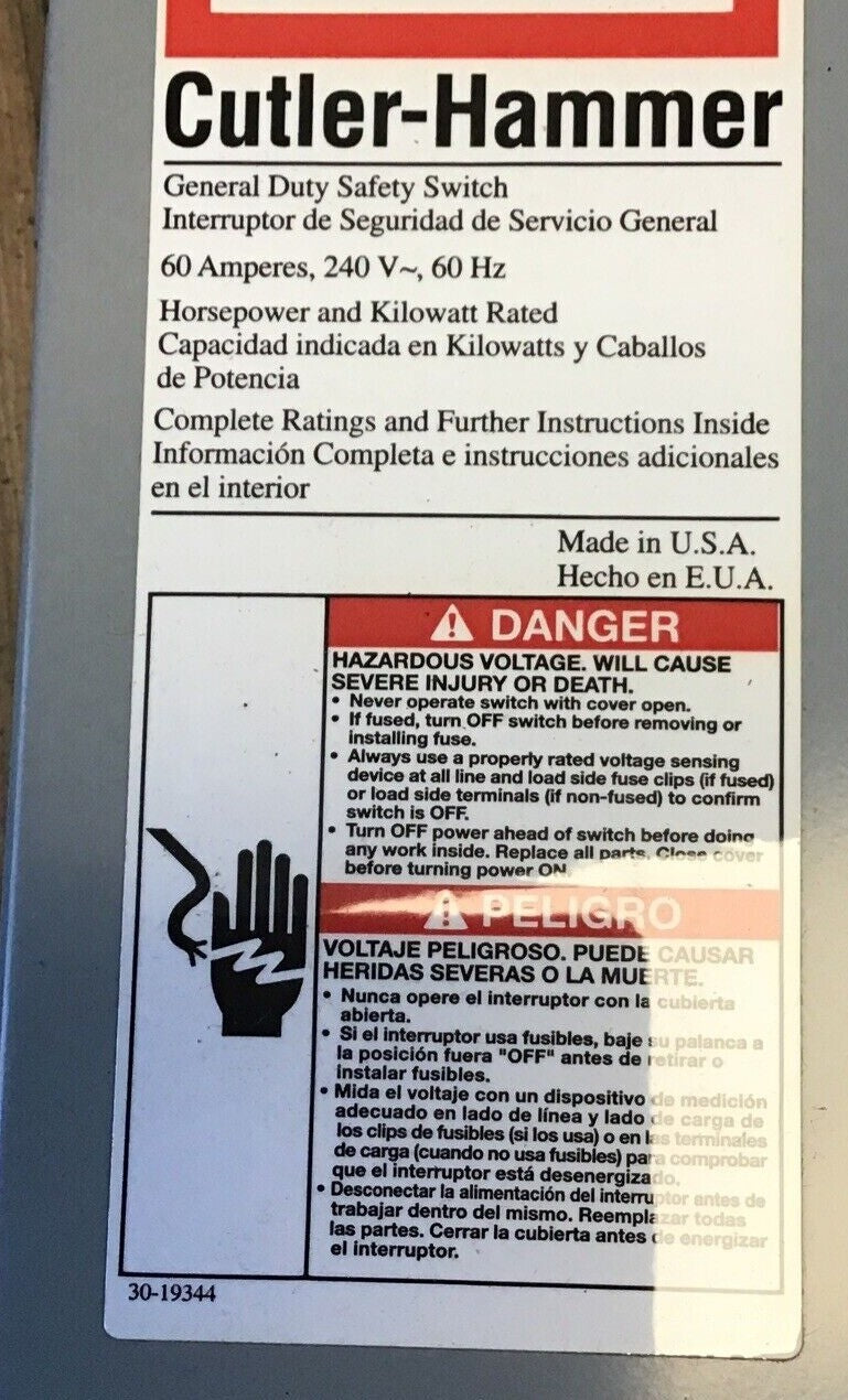 CUTLER HAMMER DG222NGB GENERAL DUTY SAFETY SWITCH 60A 240V INDOOR