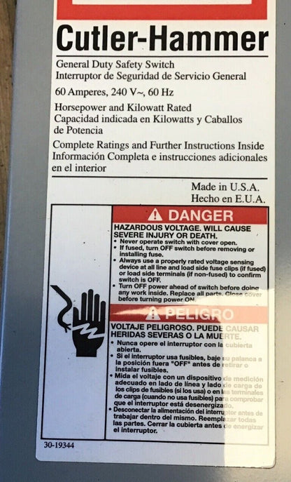 CUTLER HAMMER DG222NGB GENERAL DUTY SAFETY SWITCH 60A 240V INDOOR