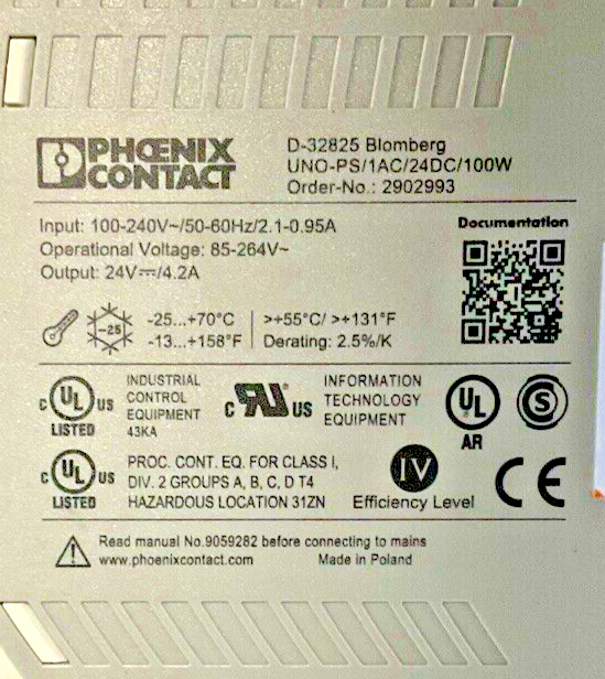 PHOENIX CONTACT UNO-PS/1AC/24DC/100W UNO POWER SUPPLY 240VAC 50/60HZ