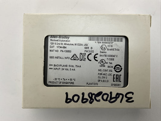 ALLEN BRADLEY 1734-IB4 INPUT MODULE SER D INPUT 24VDC 5mA BACKPLANE 5VDC 75mA