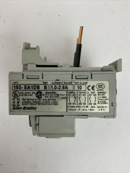 ALLEN BRADLEY 193-EA1DB OVERLOAD RELAY SER B 1.0-2.9A TRIP CLASS 10