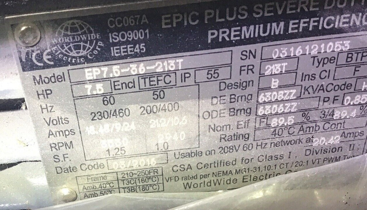 WORLDWIDE ELECTRIC EP7.5-36-213T MOTOR 230/460V 3530RPM 60/50HZ 18.45/9.24AMP