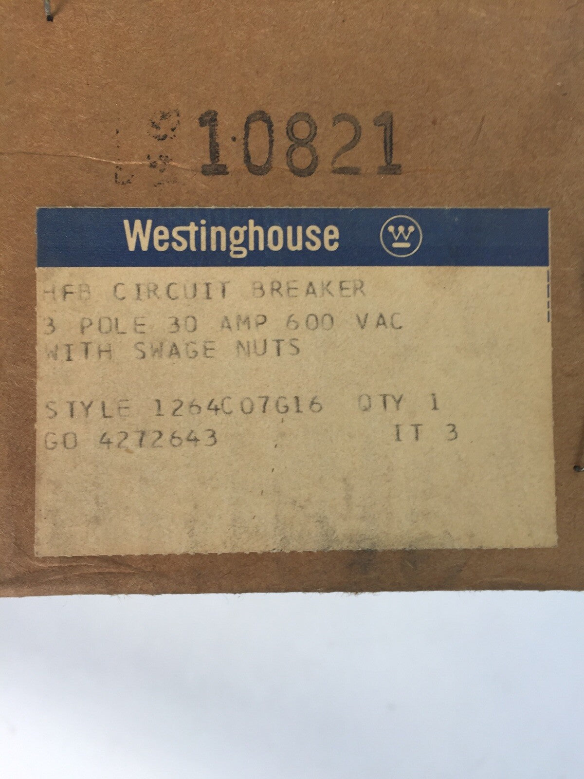WESTINGHOUSE CIRCUIT BREAKER 30AMP 3POLE 600VAC 1264C07G16