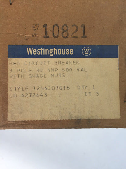 WESTINGHOUSE CIRCUIT BREAKER 30AMP 3POLE 600VAC 1264C07G16