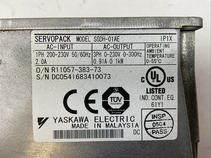 YASKAWA SGDH-01AE SERVOPACK OUTPUT 3PH 0-230VAC 0.91A 0.1kW JUSP-NS100