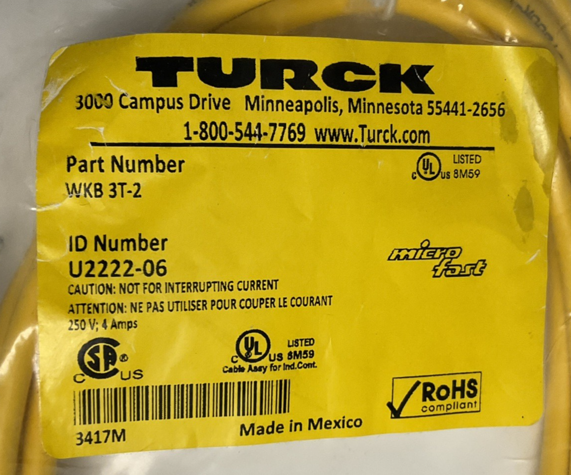 TURCK WKB 3T-2 90 DEGREE PLUG CORDSET 250V 4A