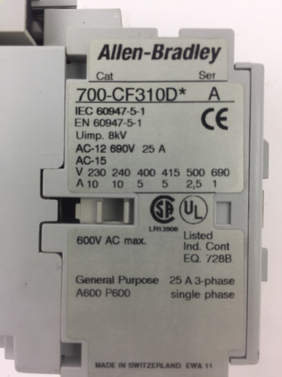 ALLEN BRADLEY 700-CF310D* CONTROL RELAY 600VAC 25 A WITH 100-FSD250 SURGE SUPRES