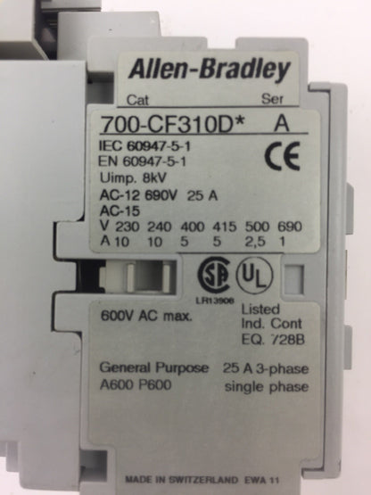 ALLEN BRADLEY 700-CF310D* CONTROL RELAY 600VAC 25 A WITH 100-FSD250 SURGE SUPRES