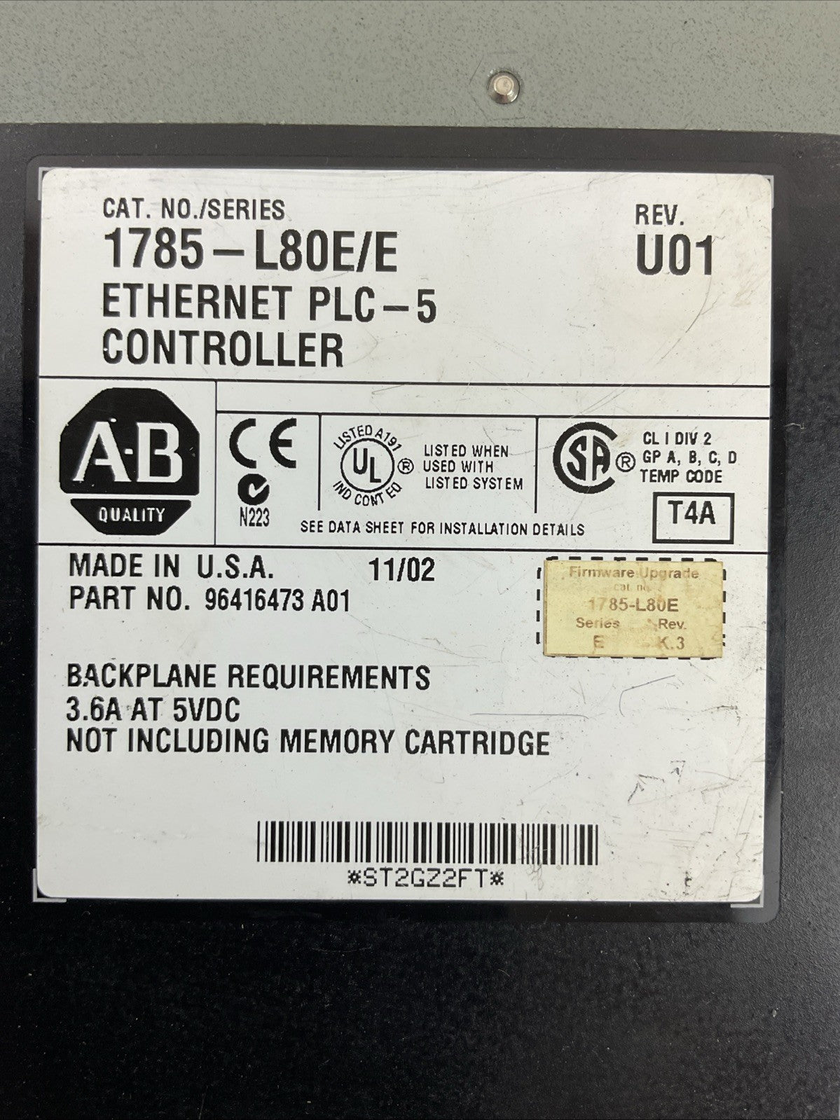 ALLEN BRADLEY 1785-L80E SER E REV U01 ETHERNET PLC-5 CONTROLLER
