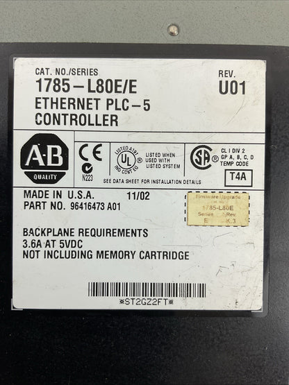 ALLEN BRADLEY 1785-L80E SER E REV U01 ETHERNET PLC-5 CONTROLLER