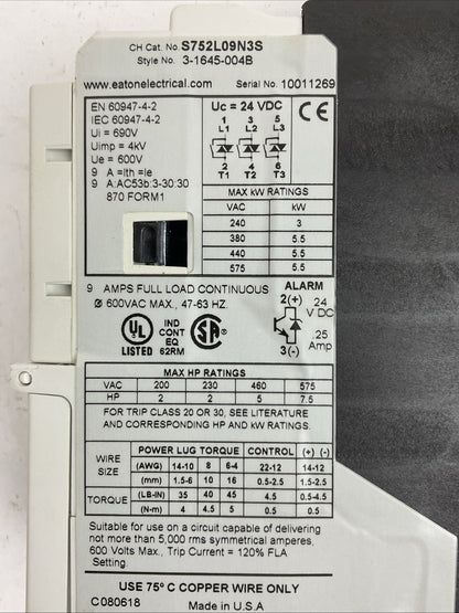 EATON CUTLER HAMMER S752L09N3S 600VAC 9AMPS 7.5HP 3PH SOFT START 24VDC