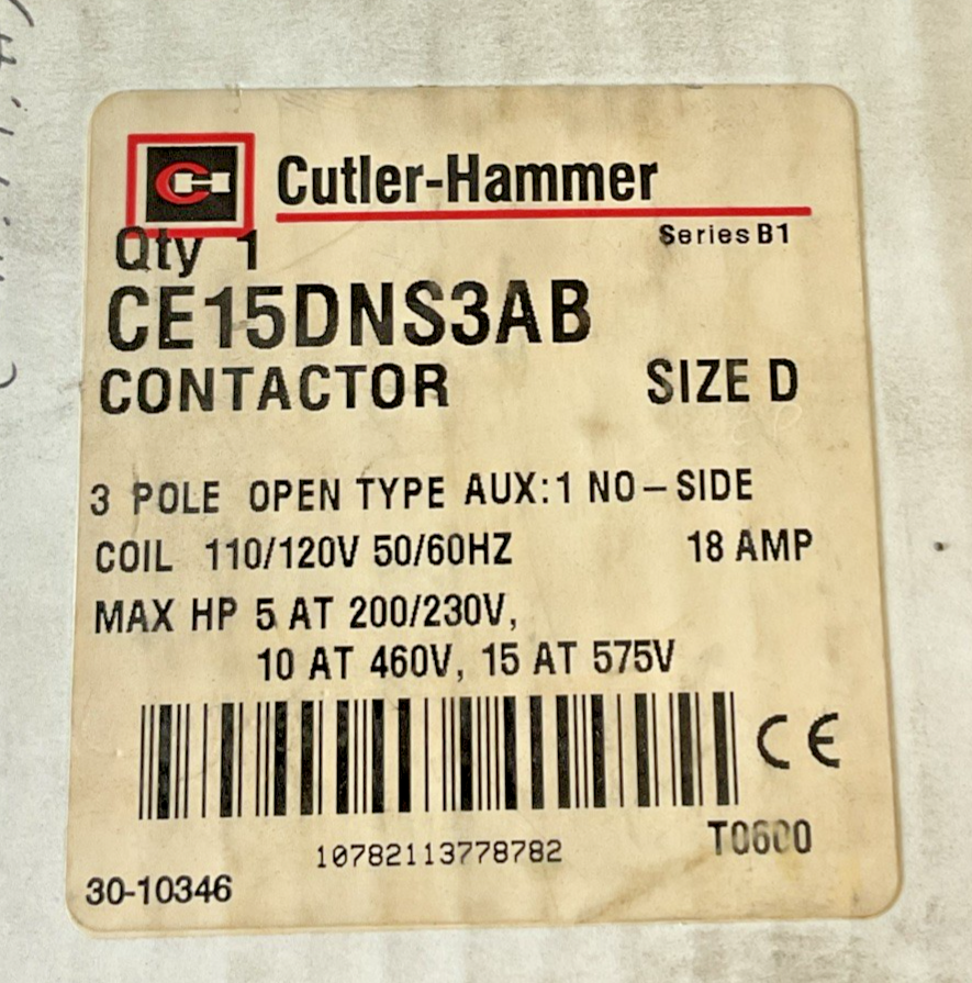CUTLER HAMMER CE15DNS3AB CONTACTOR SIZE D 110/120V 50/60HZ 18AMP SER.B1