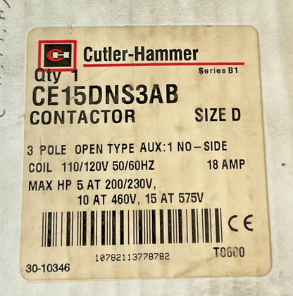 CUTLER HAMMER CE15DNS3AB CONTACTOR SIZE D 110/120V 50/60HZ 18AMP SER.B1