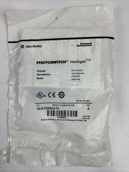 ALLEN BRADLEY 42JS-P2MNA2-F4 SER A POLARIZED RETROREFLECTIVE SENSOR PHOTOSWITCH
