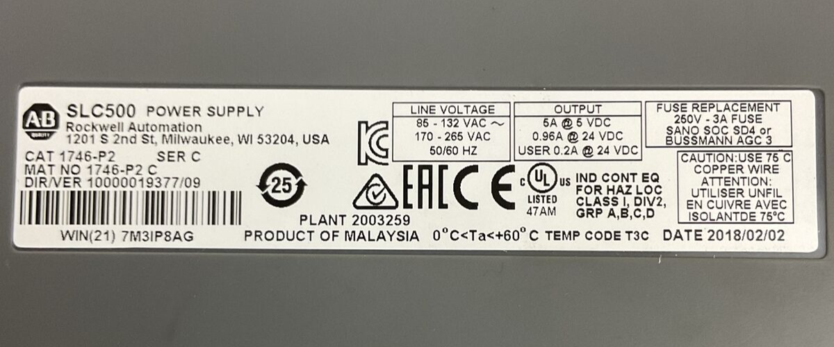 ALLEN BRADLEY 1746-P2 SER C DIR/VER 10000019377/09 SLC500 POWER SUPPLY
