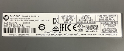 ALLEN BRADLEY 1746-P2 SER C DIR/VER 10000019377/09 SLC500 POWER SUPPLY