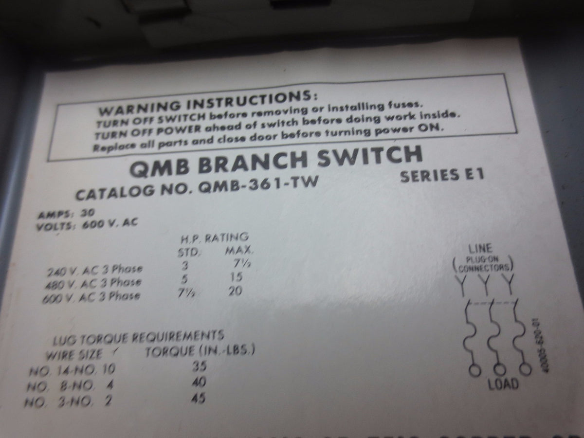 SQUARE D QMB-361-TW - QMB BRANCH SWITCH, TWIN - 30A, 600V, 3-POLE