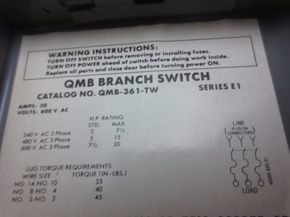 SQUARE D QMB-361-TW - QMB BRANCH SWITCH, TWIN - 30A, 600V, 3-POLE