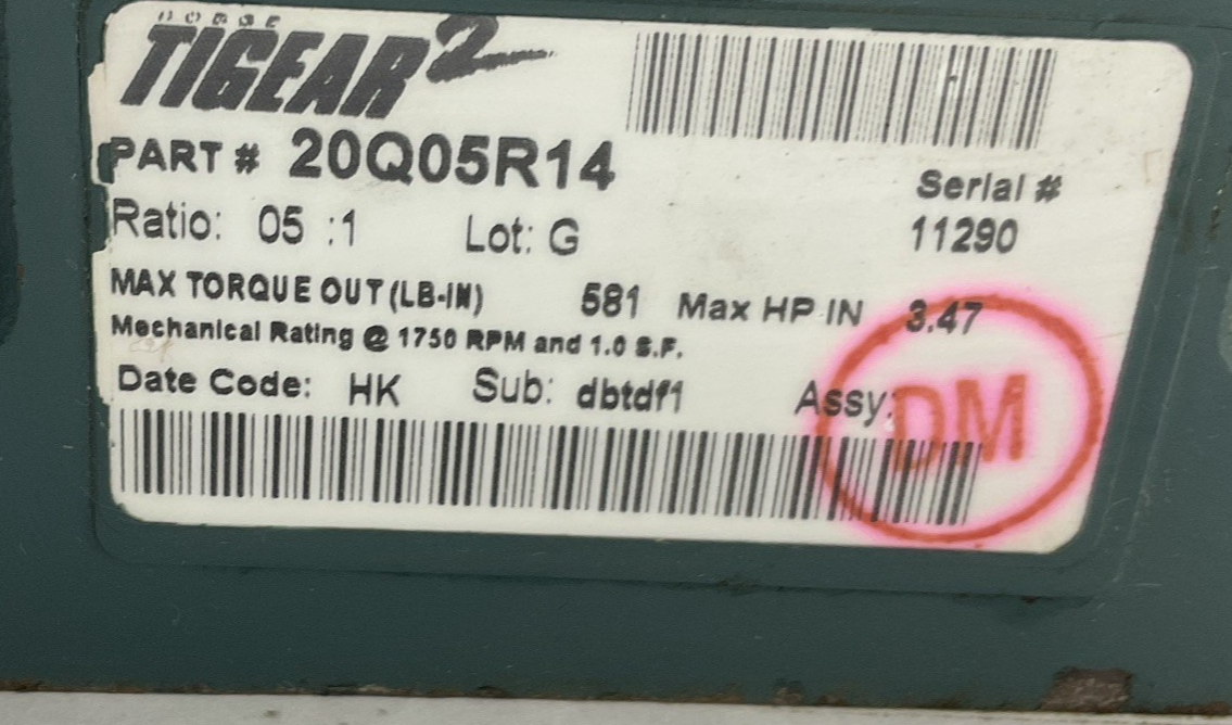 DODGE TIGEAR 20Q0SR14 GEAR REDUCER 05:1 1750RPM