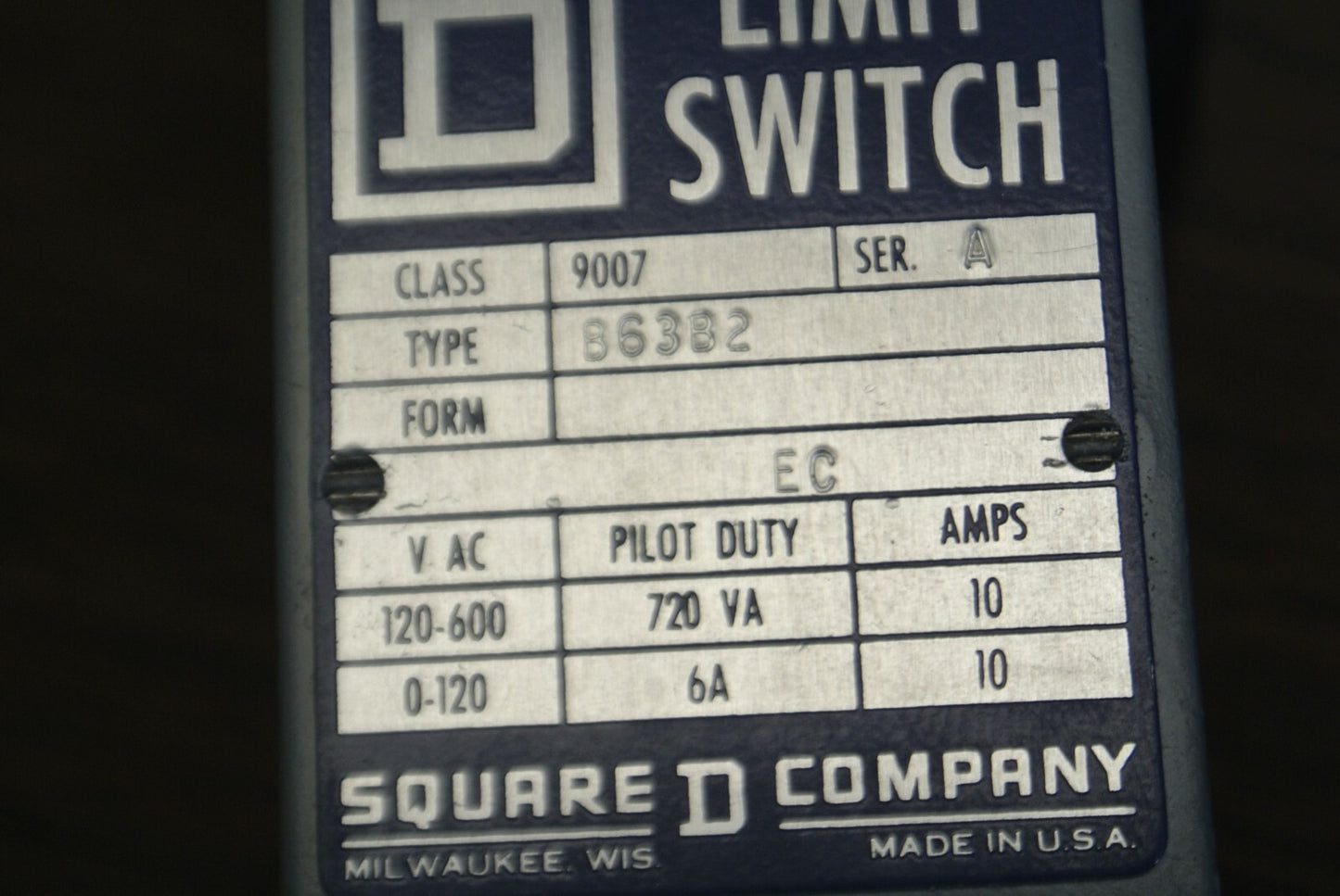 SQUARE D 9007 B63B2 Ser. A LIMIT SWITCH / 0-120 . 120-600VAC / 10A NEW SURPLUS