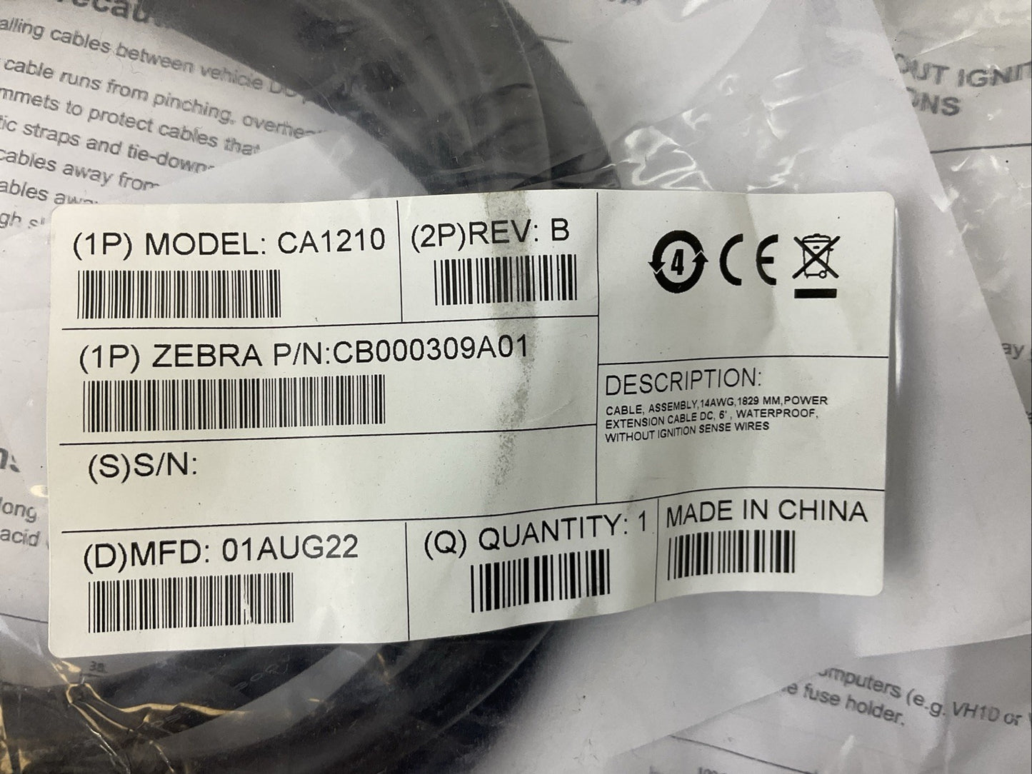 ZEBRA CB000309A01 REV B CA1210 POWER CABLE