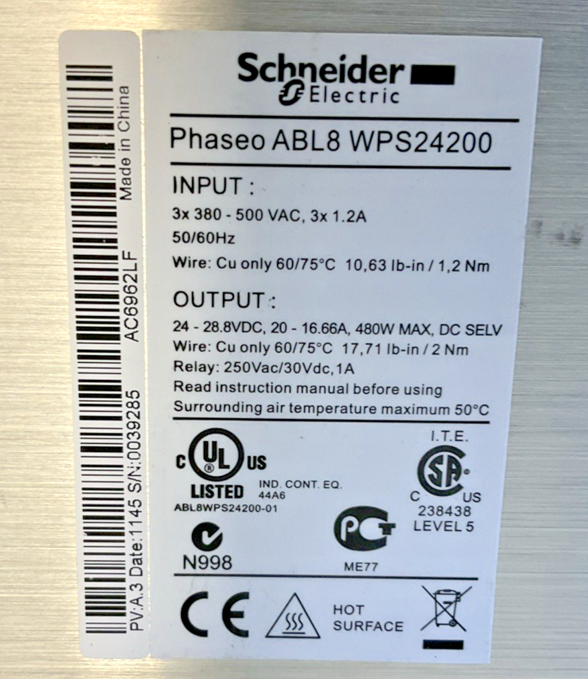 SCHNEIDER ELECTRIC ABL8 WPS24200 POWER SUPPLY PHASEO 500VAC 50/60HZ 1.2A