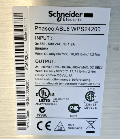 SCHNEIDER ELECTRIC ABL8 WPS24200 POWER SUPPLY PHASEO 500VAC 50/60HZ 1.2A