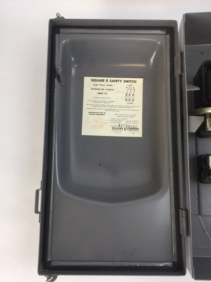 SQUARE D H86352 FUSIBLE SAFETY SWITCH SERIES A2 240VAC 60AMP 15HP 3 POLE