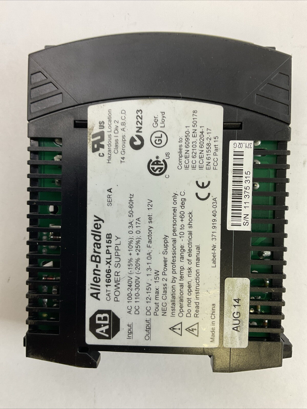 ALLEN BRADLEY 1606-XLP15B POWER SUPPLY INPUT 100-240VAC 110-300VDC OUTPUT 12-15